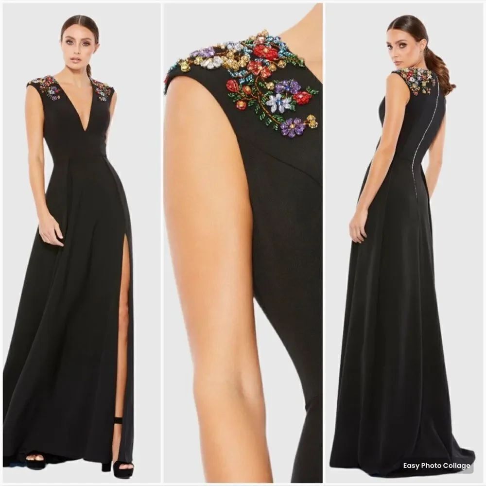 NEW Mac Duggal 26540 Beaded Cap Sleeve V Neck Gown Dress